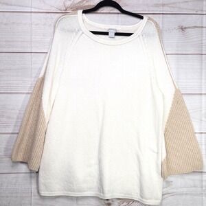 Chicos Sz 3 XL White Gold Sparkle Sweater Beacht Bell Sleeves Bateau Stitch Knit